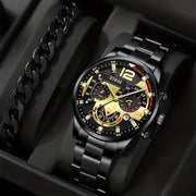 2pcs Luxury Mens Silver Quartz Watch With Stainless Steel Bracelet