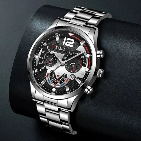 2pcs Luxury Mens Silver Quartz Watch With Stainless Steel Bracelet