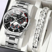 2pcs Luxury Mens Silver Quartz Watch With Stainless Steel Bracelet