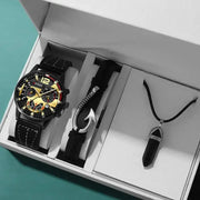 3PCS Set Black Leather Quartz Wristwatch Business Casual Watch Bracelet Necklace